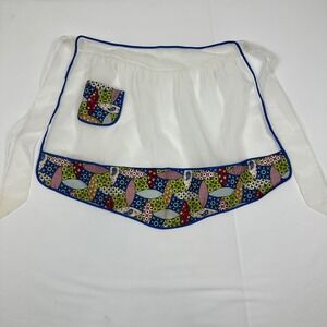 Vintage Sheer White Half Apron Multi Color Geometric Patchwork Pocket Blue Trim